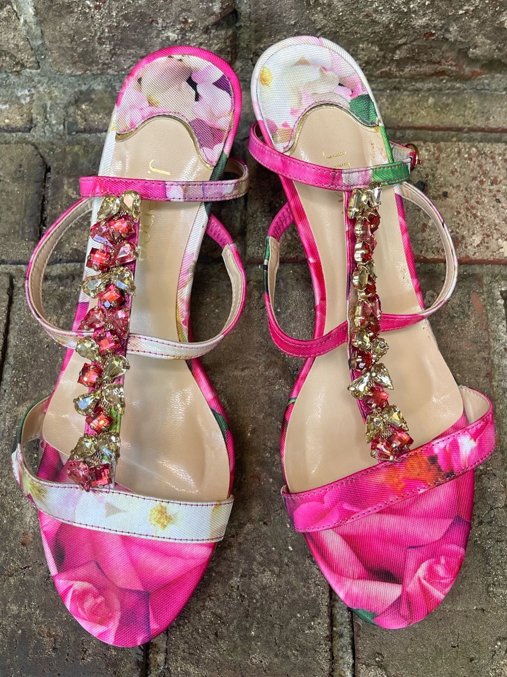 J.Renee Maricel Pink Floral Rhinestone T-Strap Kitten Heels Size 9M